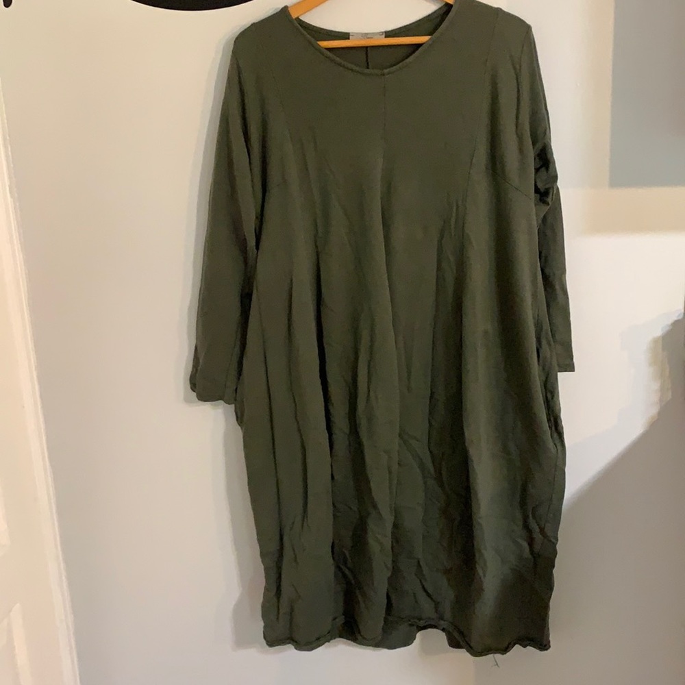 Baci olive green long sleeve dress size XL pockets 100% cotton